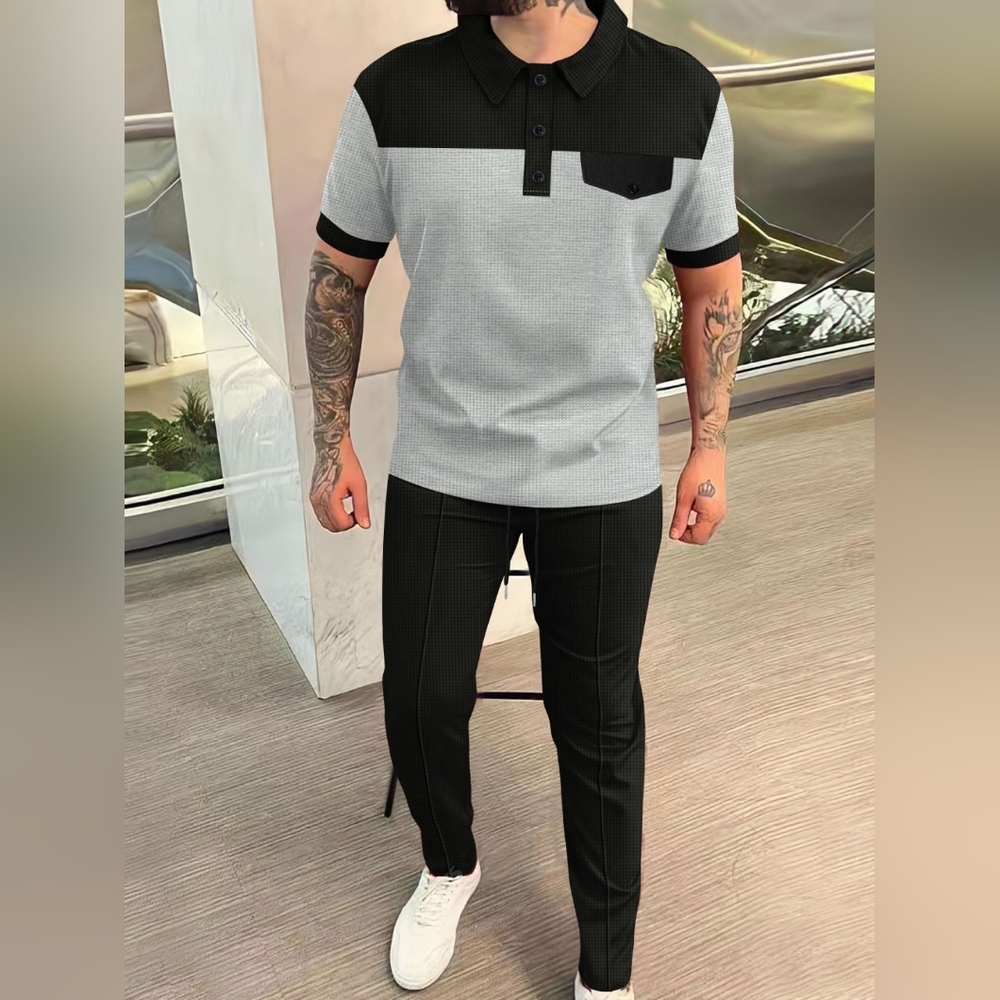 Men‘s Full Size Waffle-Knit Contrast Top and Pants Set Plus Size